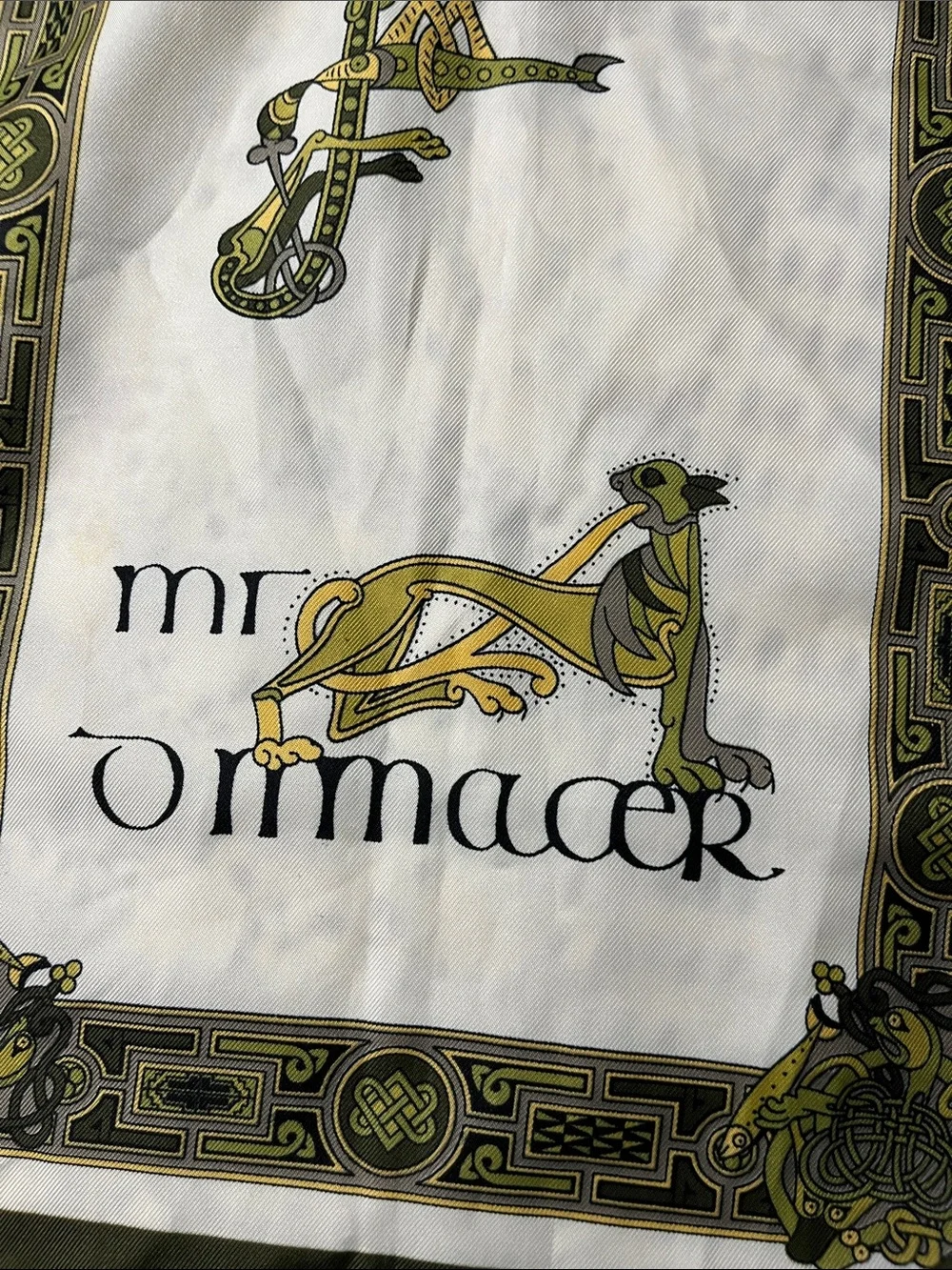 Vintage souvenir scarf Green and Cream Decorative Silk Scarf Table Runner